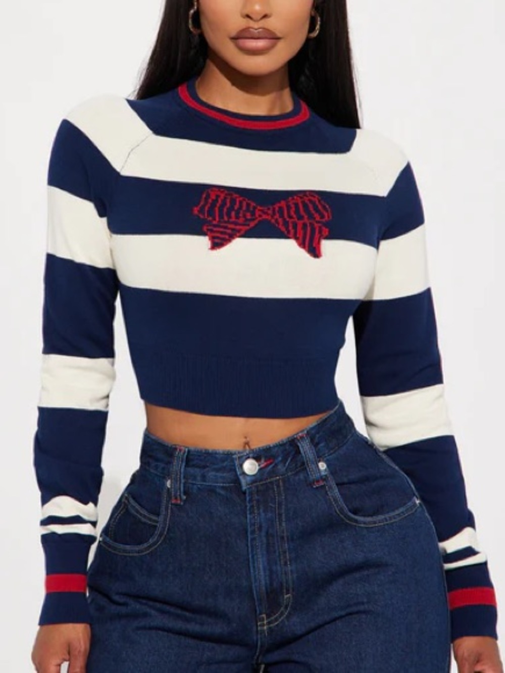 Fashion Nova Sailor Striped Bow Cropped Navy/White Pullover Sweater Size Large
